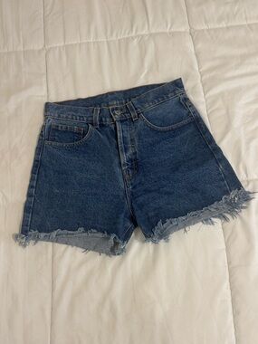 High-Waist Frayed Hem Denim Shorts — Blue Brandy Melville